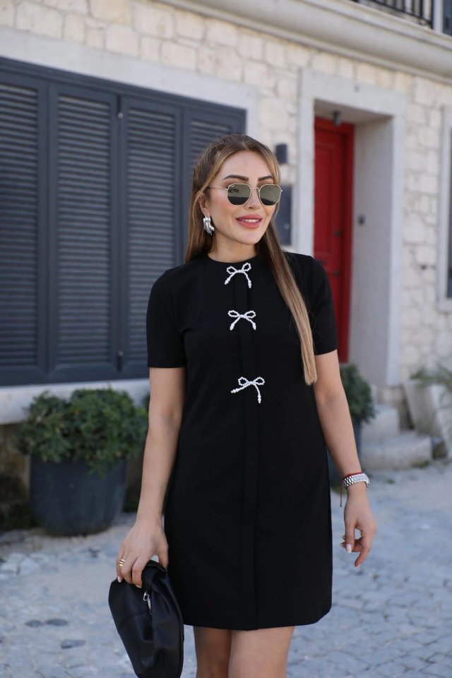 Women's Short Sleeve Crew Neck Imported Crepe Dress with Front Bow Detail