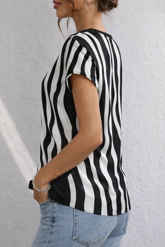 Women's Short Sleeve Mandarin V-Neck Woven Viscose Blouse