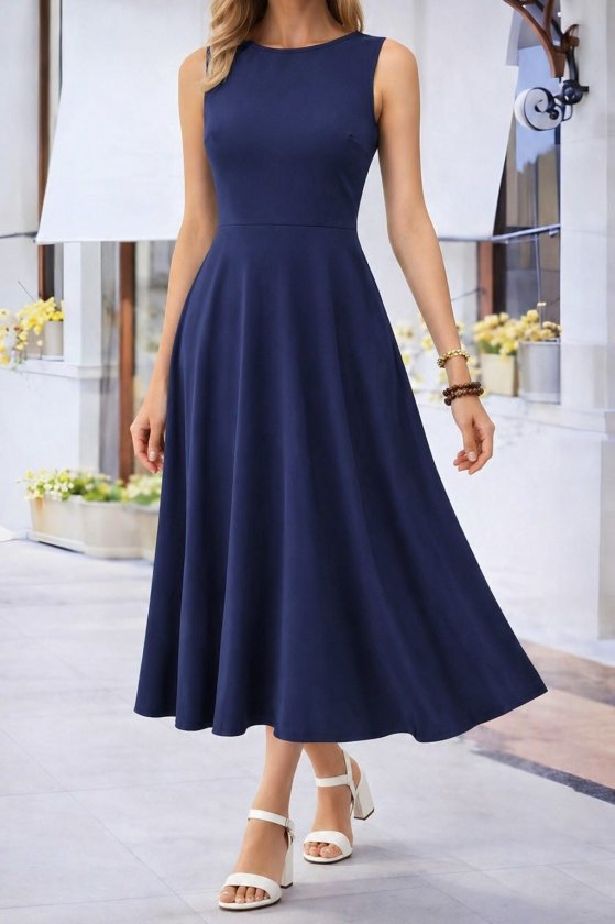 Women's Off-Shoulder Boat Neck Flared Midi Viscose Dress