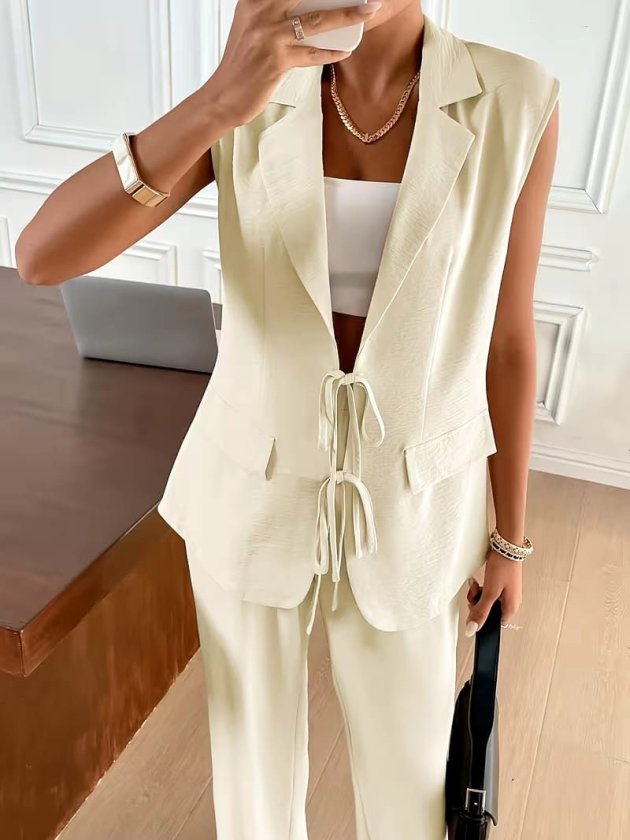 Women's Sleeveless Collared Jacket and Pants Two-Piece Set with Front Drawstring
