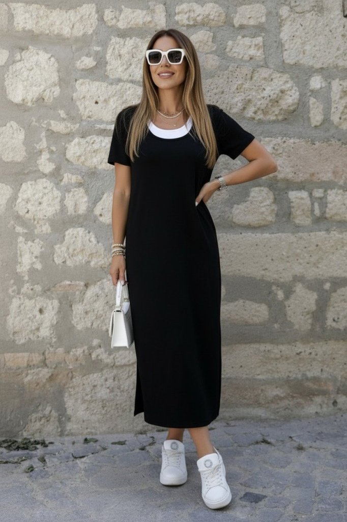 Women's Short Sleeve Inner Tank Look Side Slit Long Viscose Dress