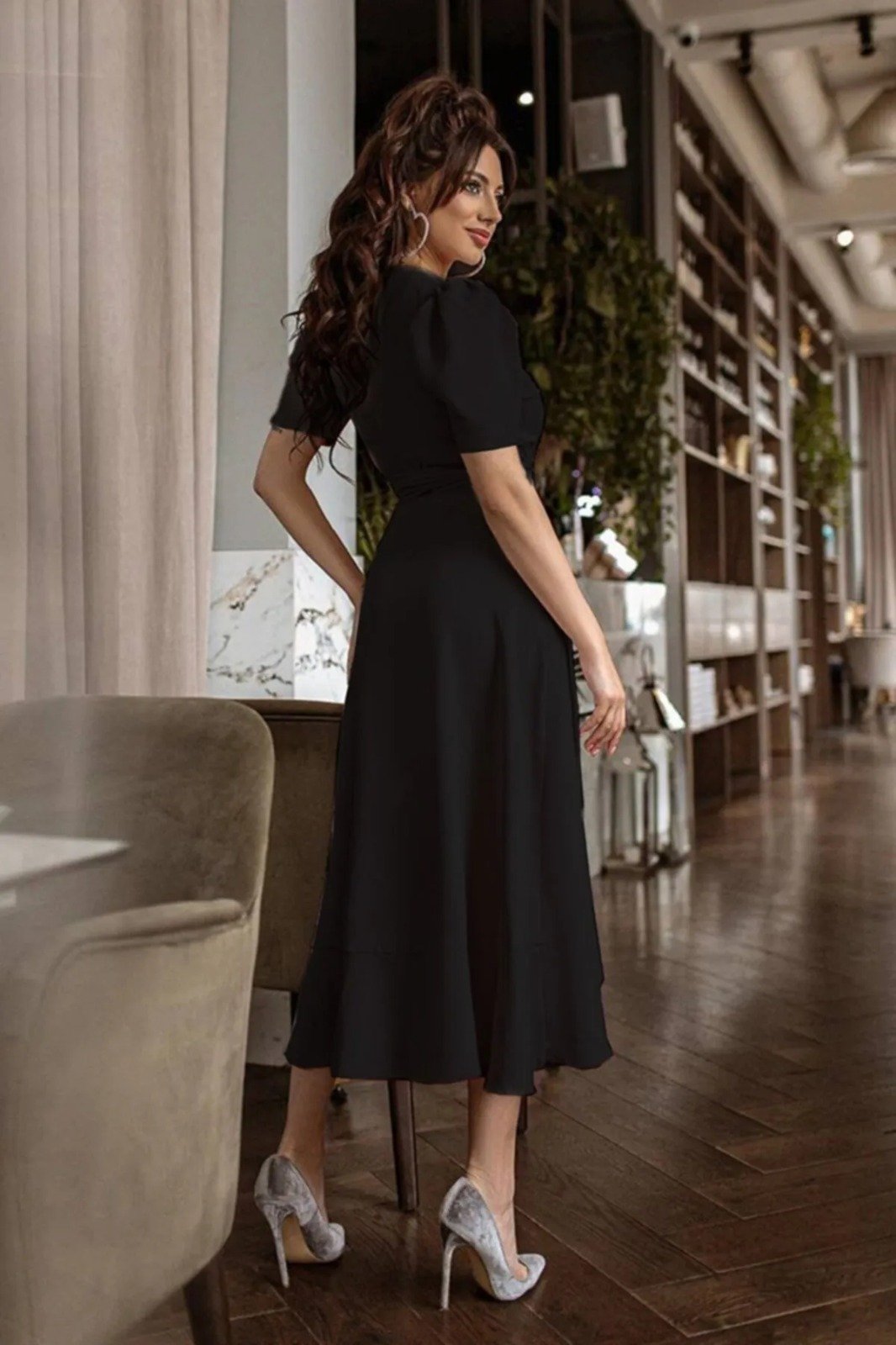 Women's Wrap Neck Midi Length Belted Crepe Dress 120 Cm