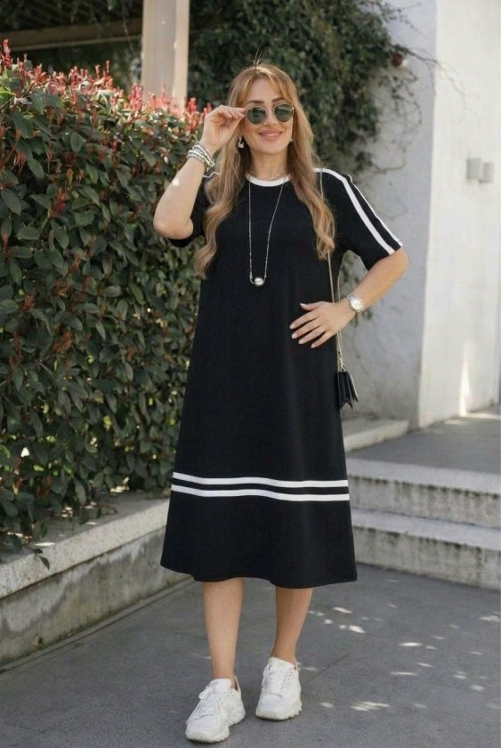 Women's Short Sleeve Crew Neck Stripe Detailed Midi Viscose Dress