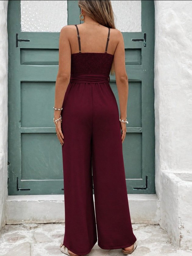 Women’s Spaghetti Strap V-Neck Waist Belted Long Aerobin Jumpsuit