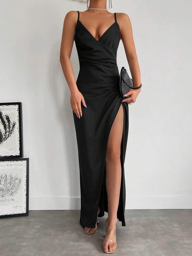 Women's Spaghetti Strap Wrap Collar Slit Crepe Dress
