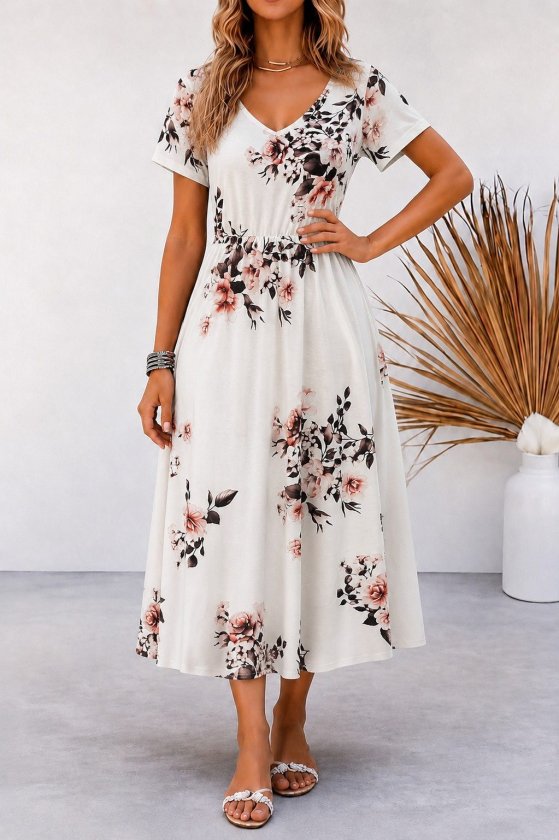 Women's Short Sleeve V-Neck Patterned Long Supreme Dress