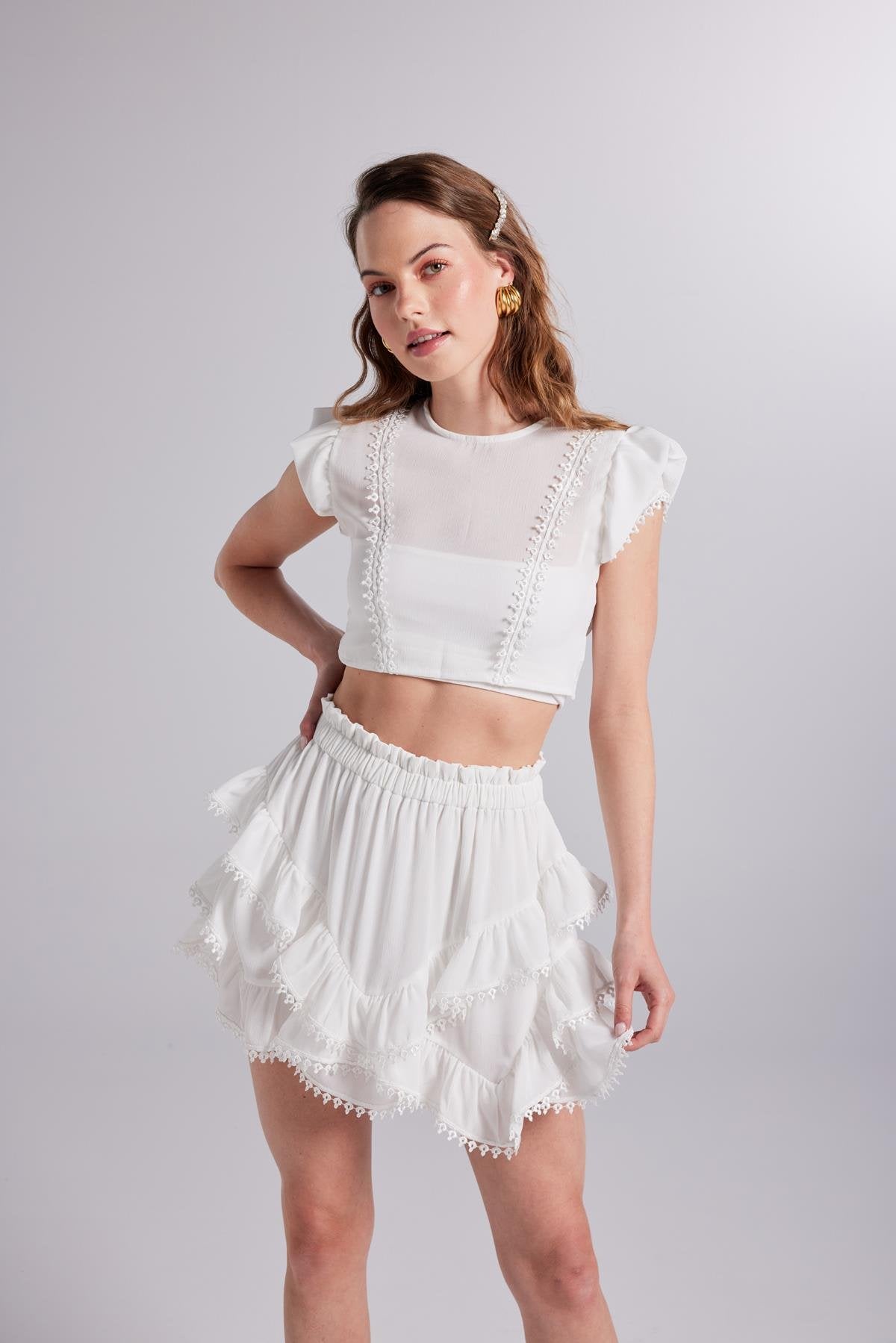 Brode Detaylı Crop Pixie Bluz Beyaz