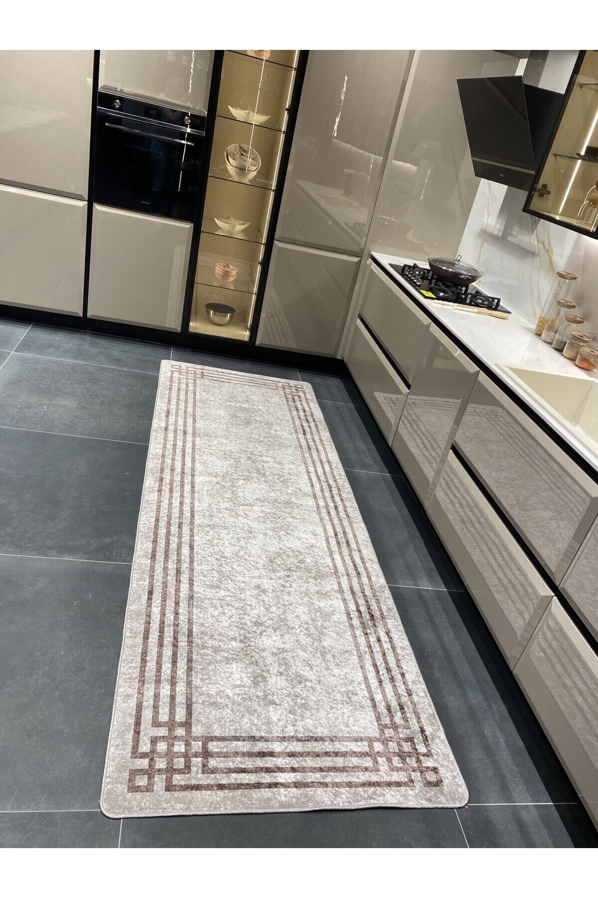 Geometrik Geçişli Şönil Görünüm Lateks Kaymaz Taban Leke Tutmaz Saçaksız Halı - Lacivert/gri