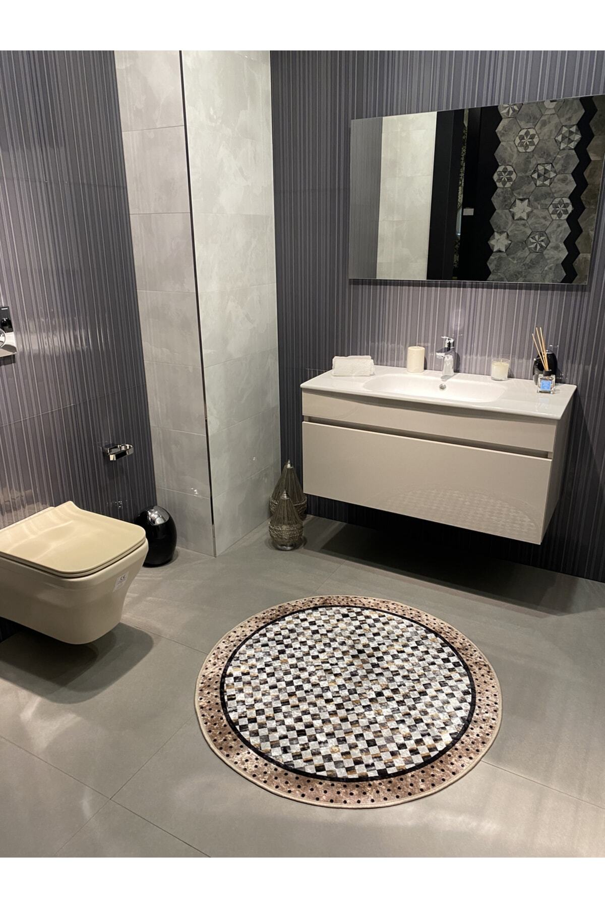Robert Mavi Dama Desen Saçaksız Yuvarlak Banyo Paspası - Mavi Ebat 100x100