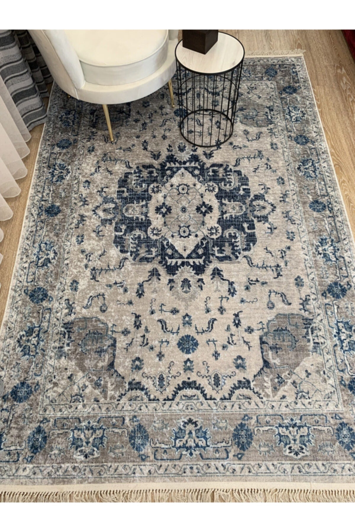 Aker Kilim Motif Lateks Kaymaz Taban Saçaklı Eskitme Halı