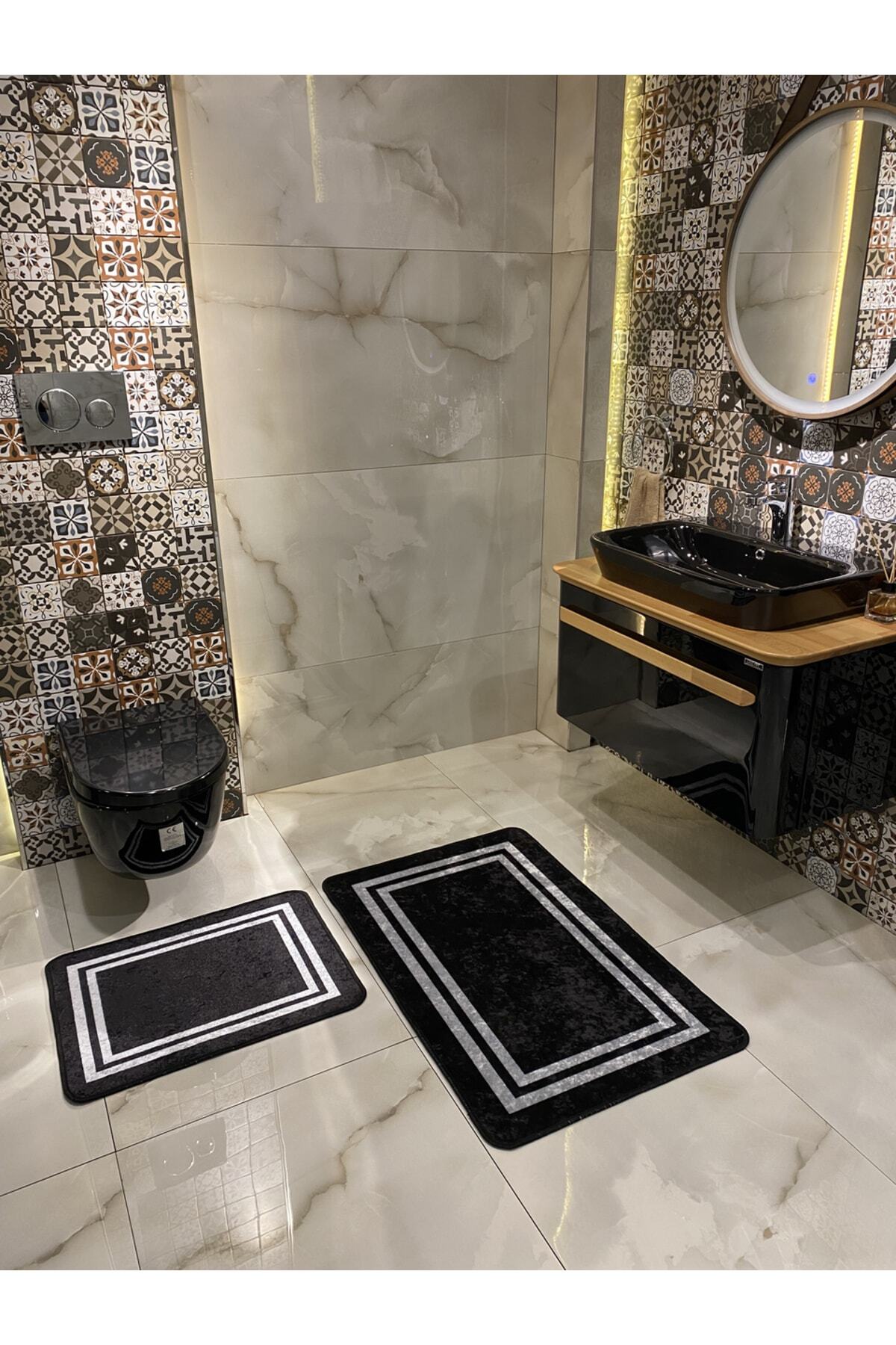 Tracy 2'li Lateks Taban Banyo Paspas Takımı -(EBAT 60X100 60X50) Siyah