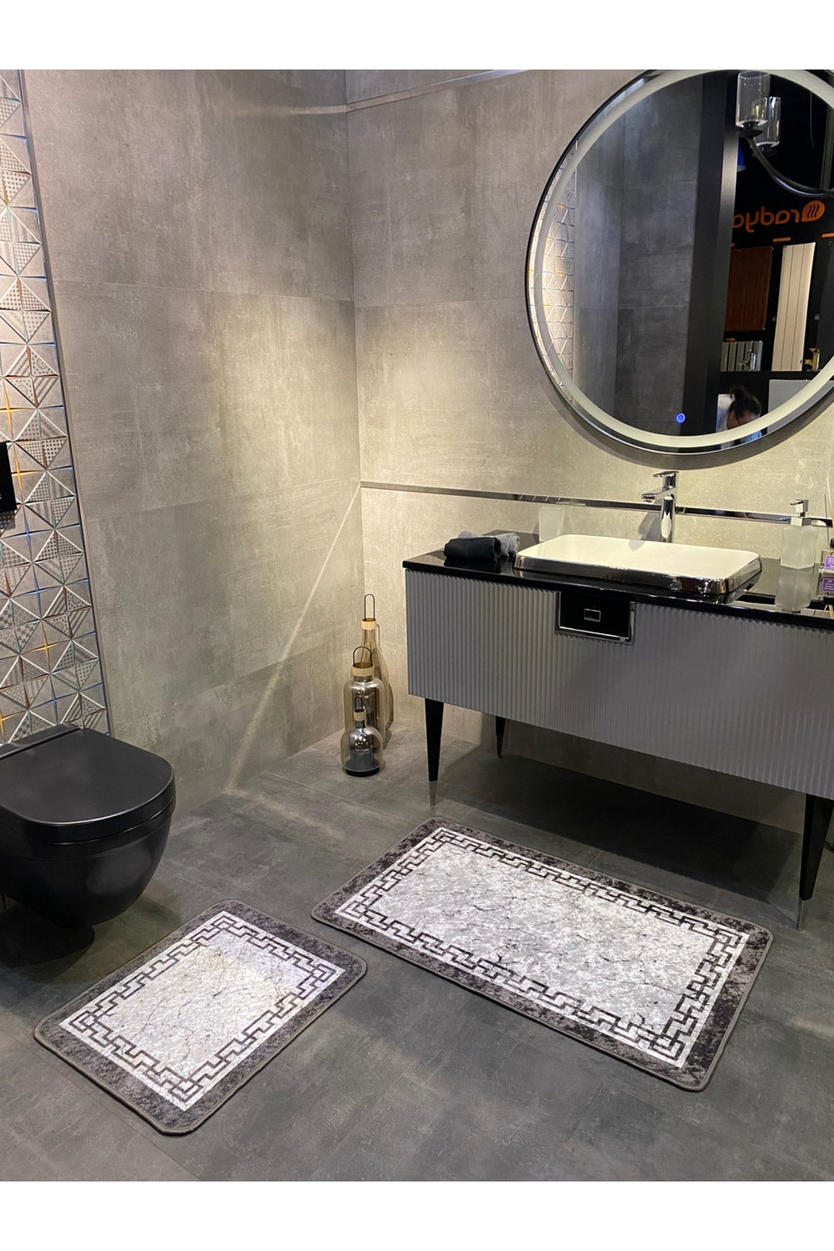 Lınaro 2'li Lateks Kaymaz Taban Su Geçirmez Banyo Paspas Takımı (60x100 - 60x50) Gri