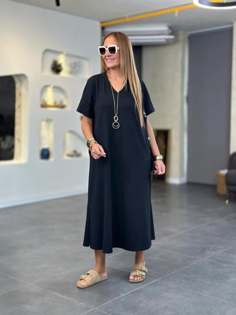 Women's Short Sleeve V Neck Long Dress with Pocket Detail, Viscose Double Yarn