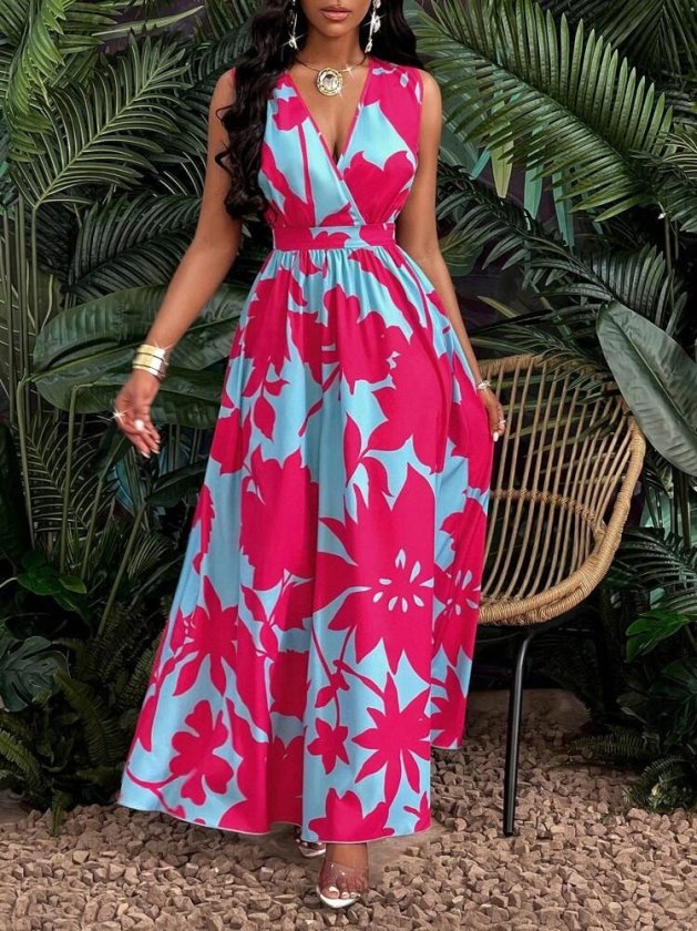 Women’s Strappy Wrap Neck Floral Pattern Long Supreme Dress