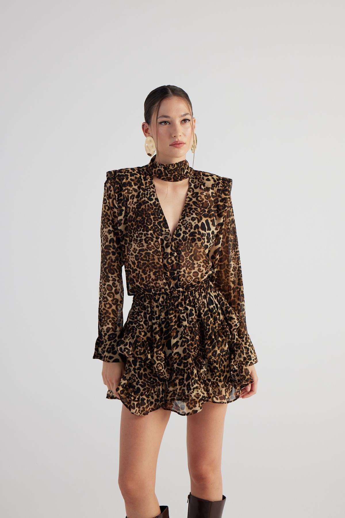 Şal Yakalı Leopar Desenli Kaia Gömlek Kahve Kahve M