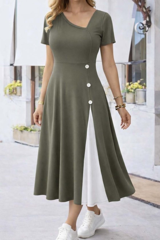Women's Short Sleeve Asymmetric Collar Button Detail Midi Viscose Dress