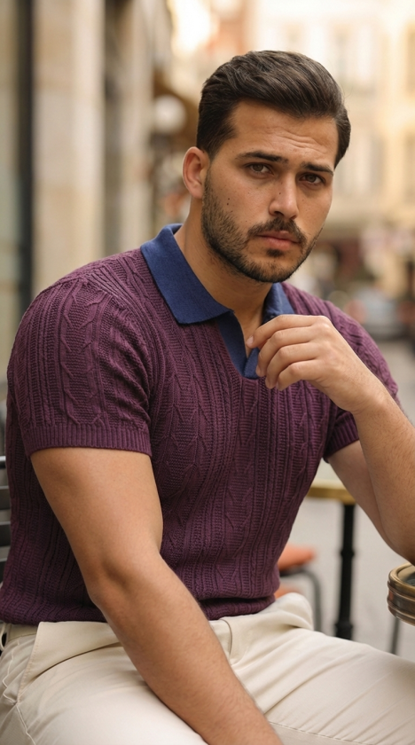 Men's Patterned Short Sleeve Knit T-Shirt - 100% Cotton Acrylic