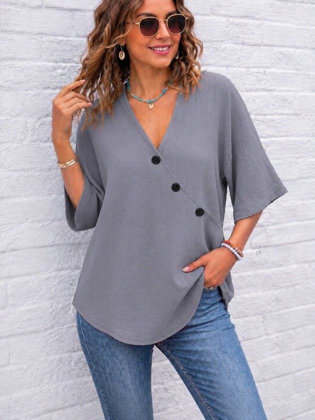 Women's Short Sleeve V-Neck Buttoned Blouse