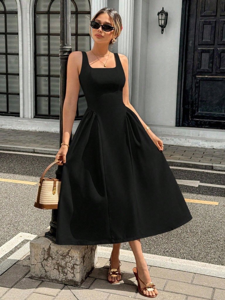 Women's Spaghetti Strap Square Neck Long Imported Crepe Dress