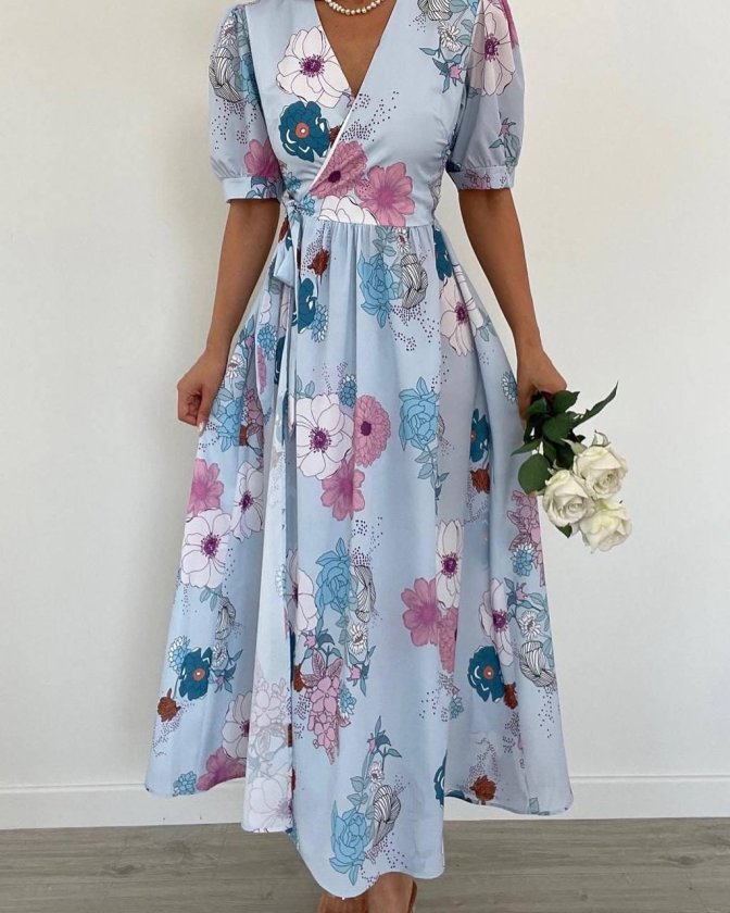 Women's Short Sleeve Wrap Collar Side Tie Patterned Long Supreme Dress