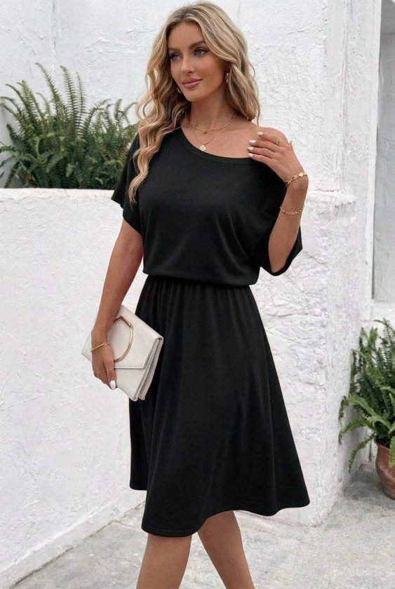 Women's Short Sleeve Off-Shoulder Flared Midi Viscose Dress