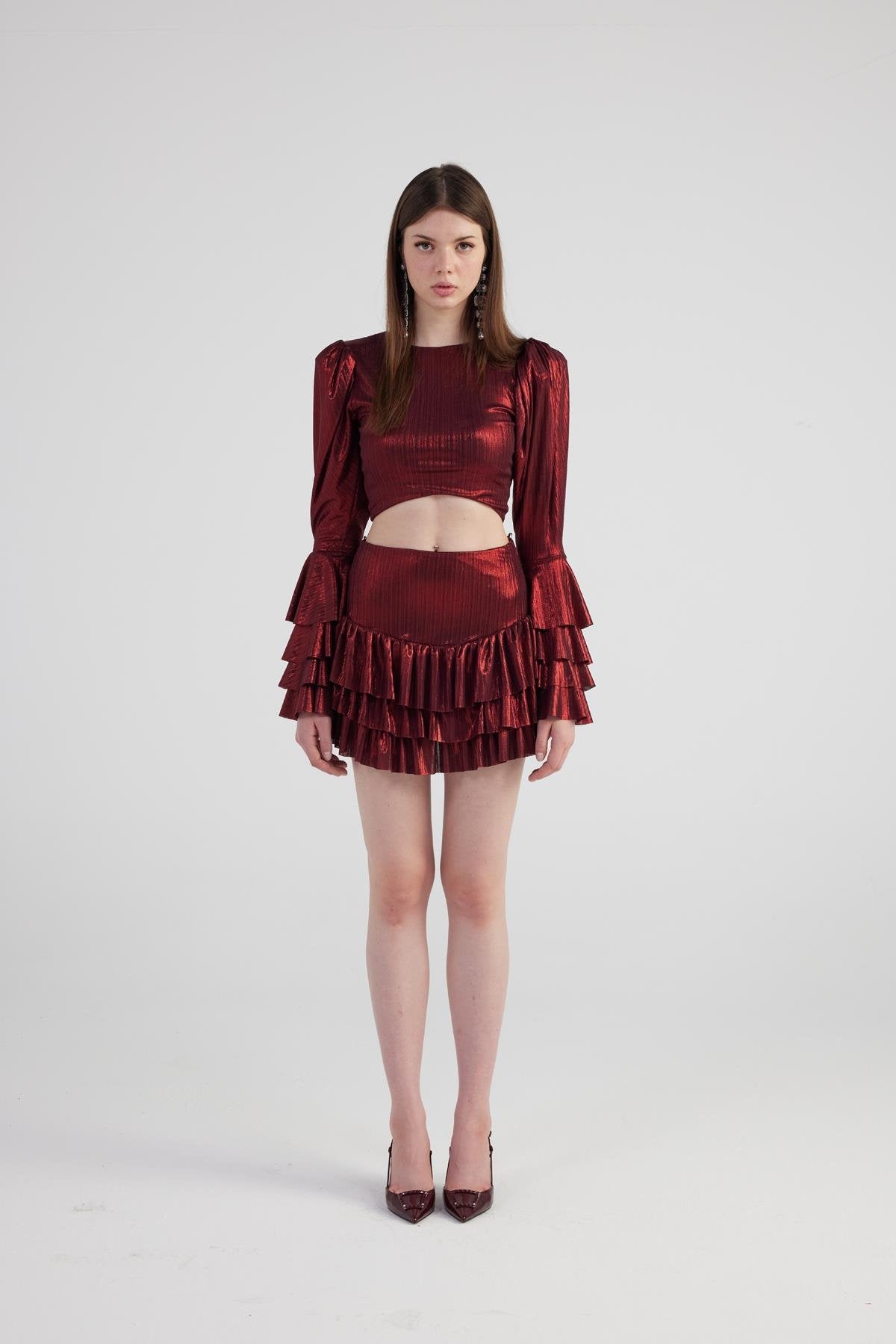 Parlak Kumaşlı Fırfırlı Etek Bluz Yensia Takım Bordo Bordo XS