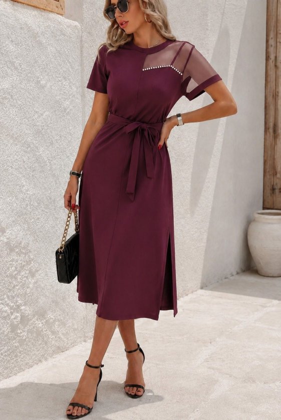 Women's Short Sleeve Ring Collar One Shoulder Tulle Detailed Pearl Slit Midi Ruffled Crepe Dress