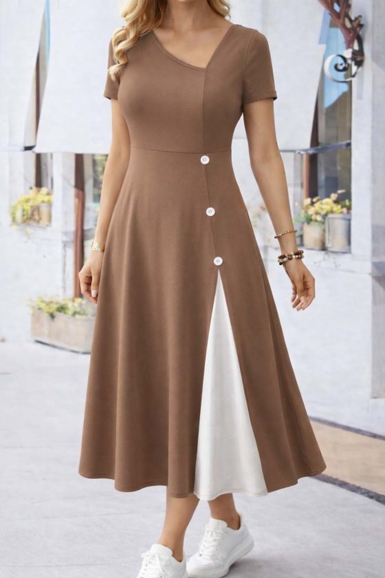 Women's Short Sleeve Asymmetric Collar Button Detail Midi Viscose Dress