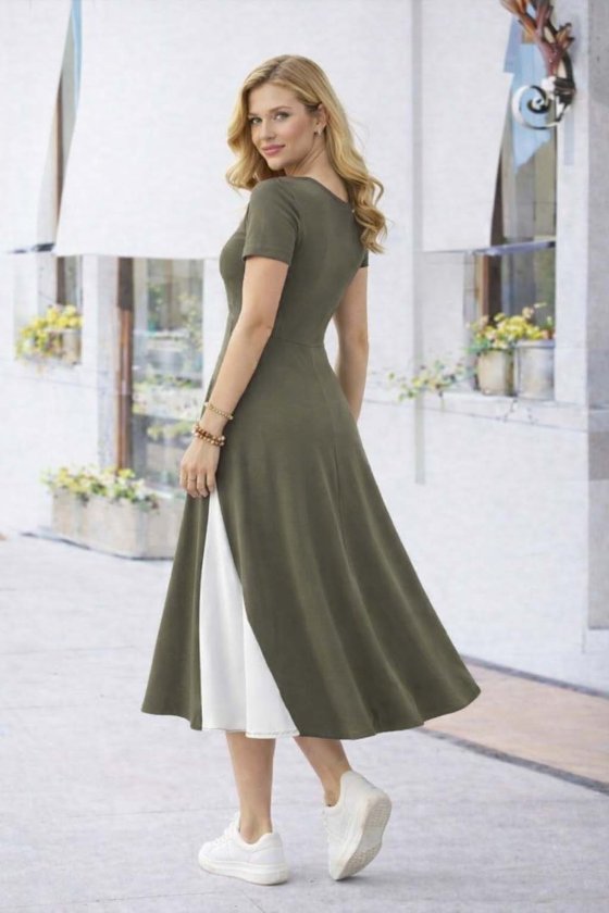 Women's Short Sleeve Asymmetric Collar Button Detail Midi Viscose Dress