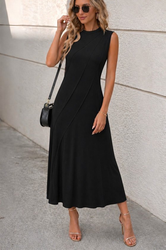 Women's Sleeveless Crew Neck Front Ribbed Long Viscose Dress