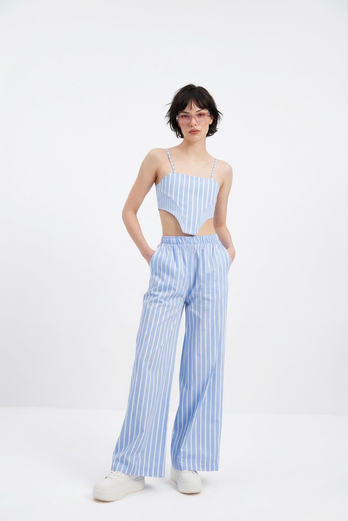 Beli Lastikli Çizgili Harmony Poplin Pantolon Mavi