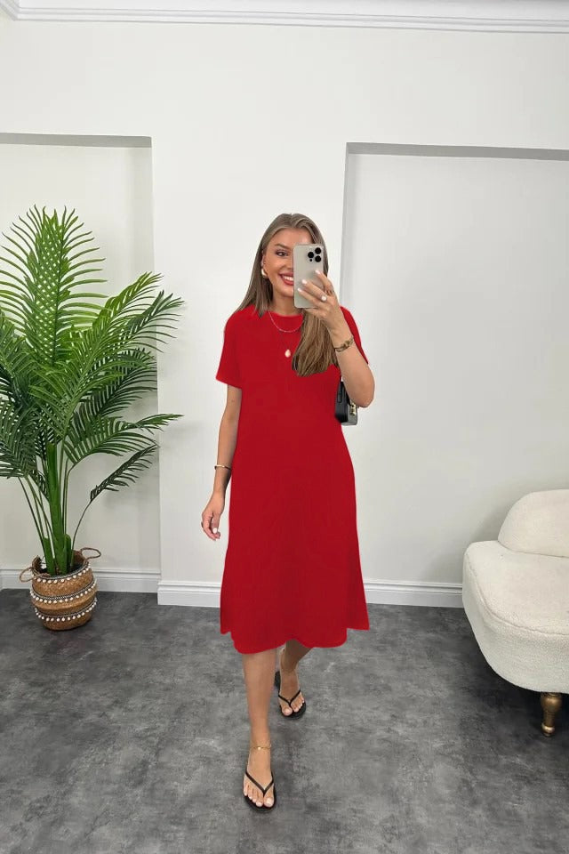 Women's Short-Sleeve Loose Viscose Dress with Slit Detail