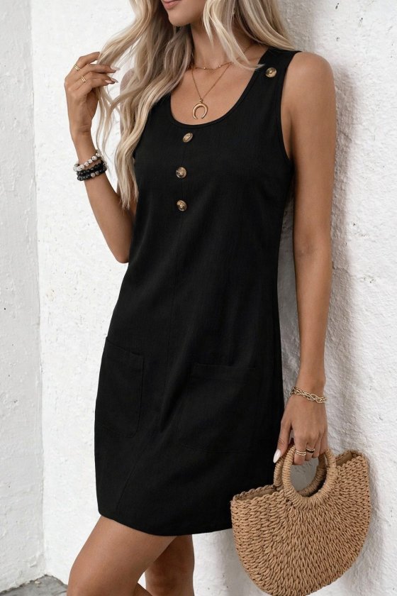 Women's Strappy Round Neck Front Button Pocket Detailed Short Dress