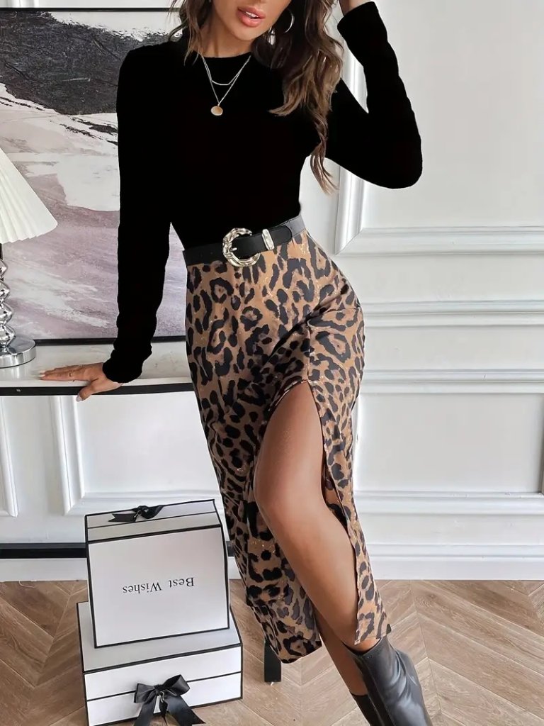 Women's Long Sleeve Crew Neck Imported Crepe Blouse with Patterned Modal Midi Dress