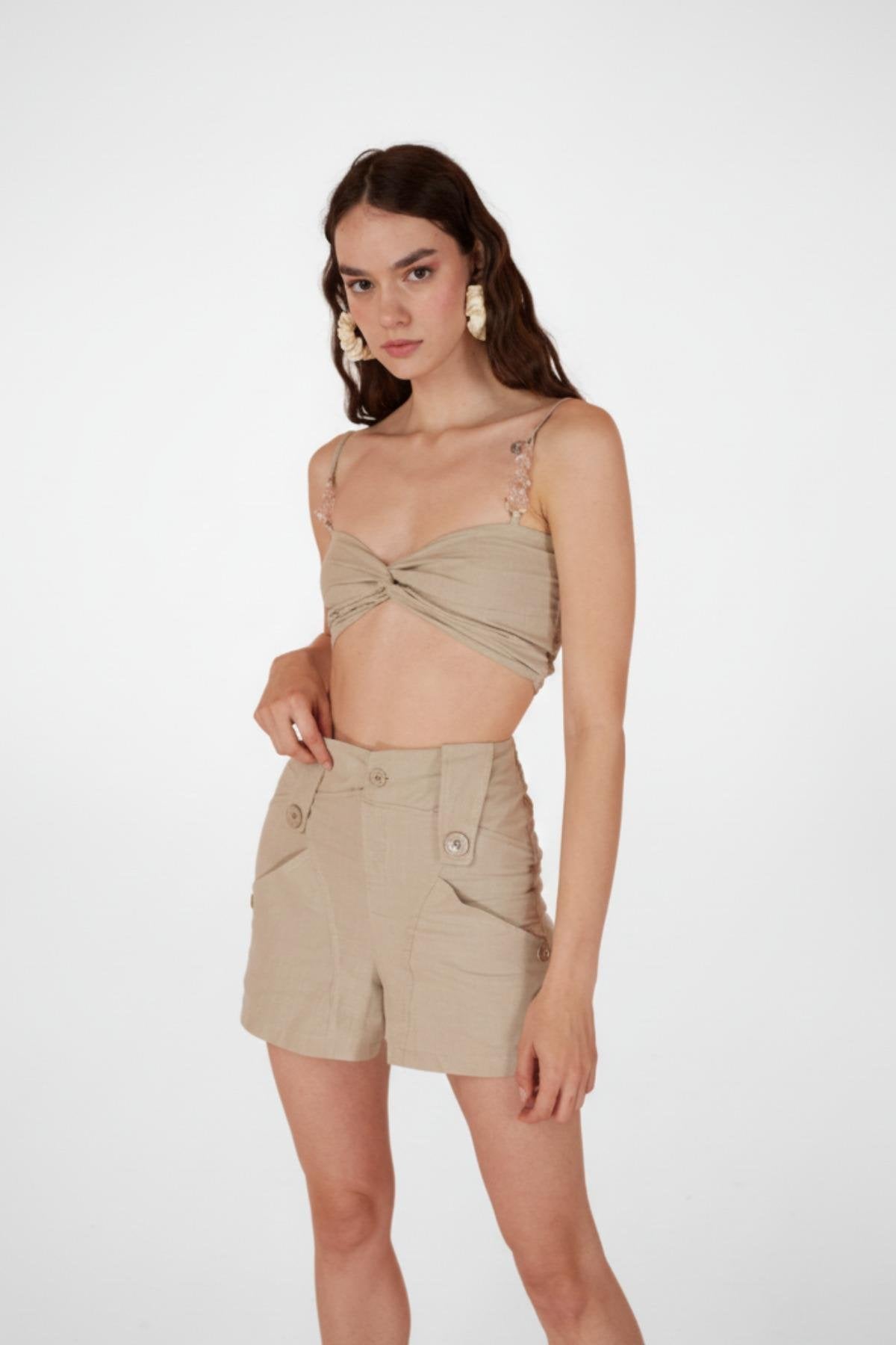 Koton Kumaş Şeffaf Rise Zincir Detaylı Bluz Bej Bej L