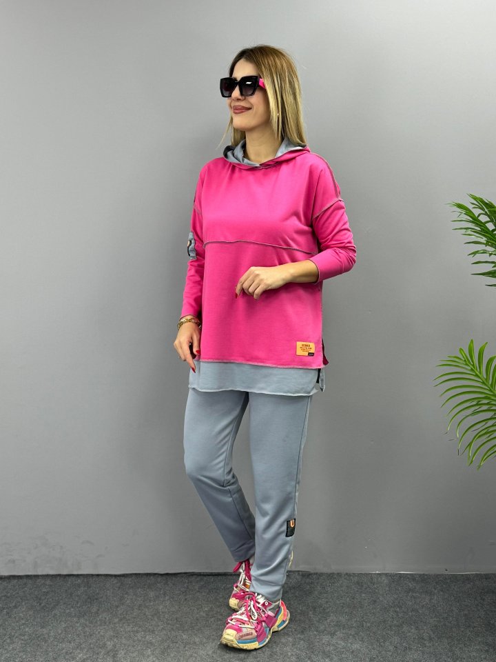 Women's Pink Hooded Two-Piece Set with Skirt Hem Detail and Reverse Stitch Patch