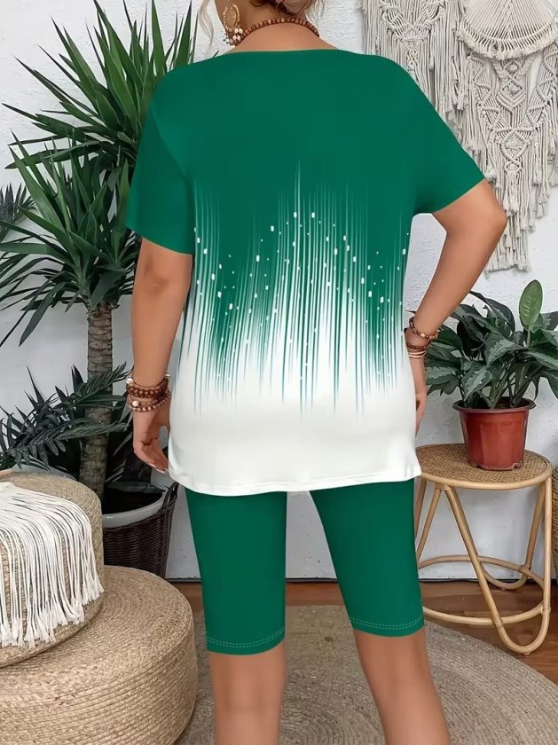 Women's Short Sleeve Crew Neck Patterned Scuba Blouse and Leggings Set