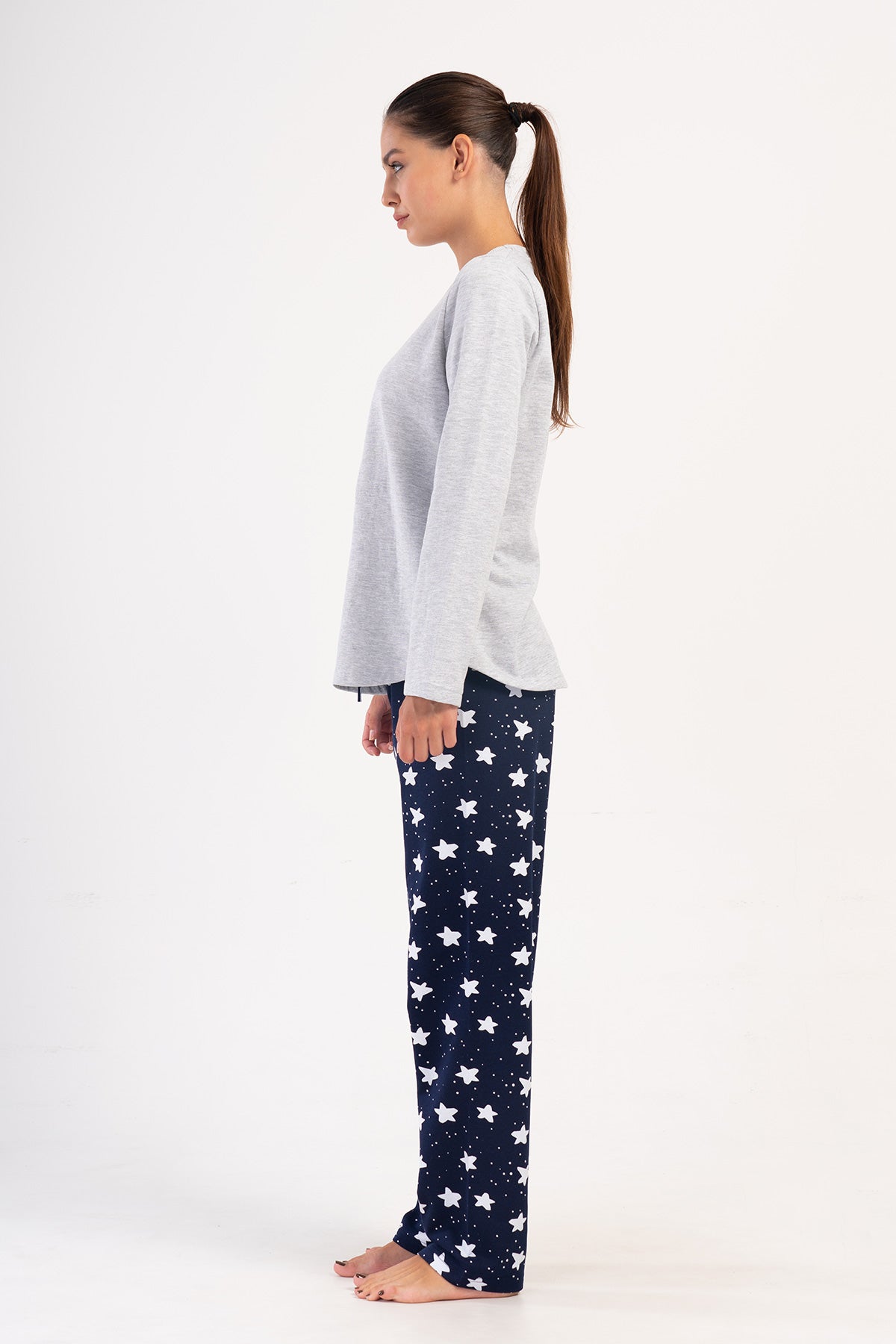 KADIN 2IPLIK O YAKA UZUN KOL ETEGI OVAL PIJAMA TAKIM