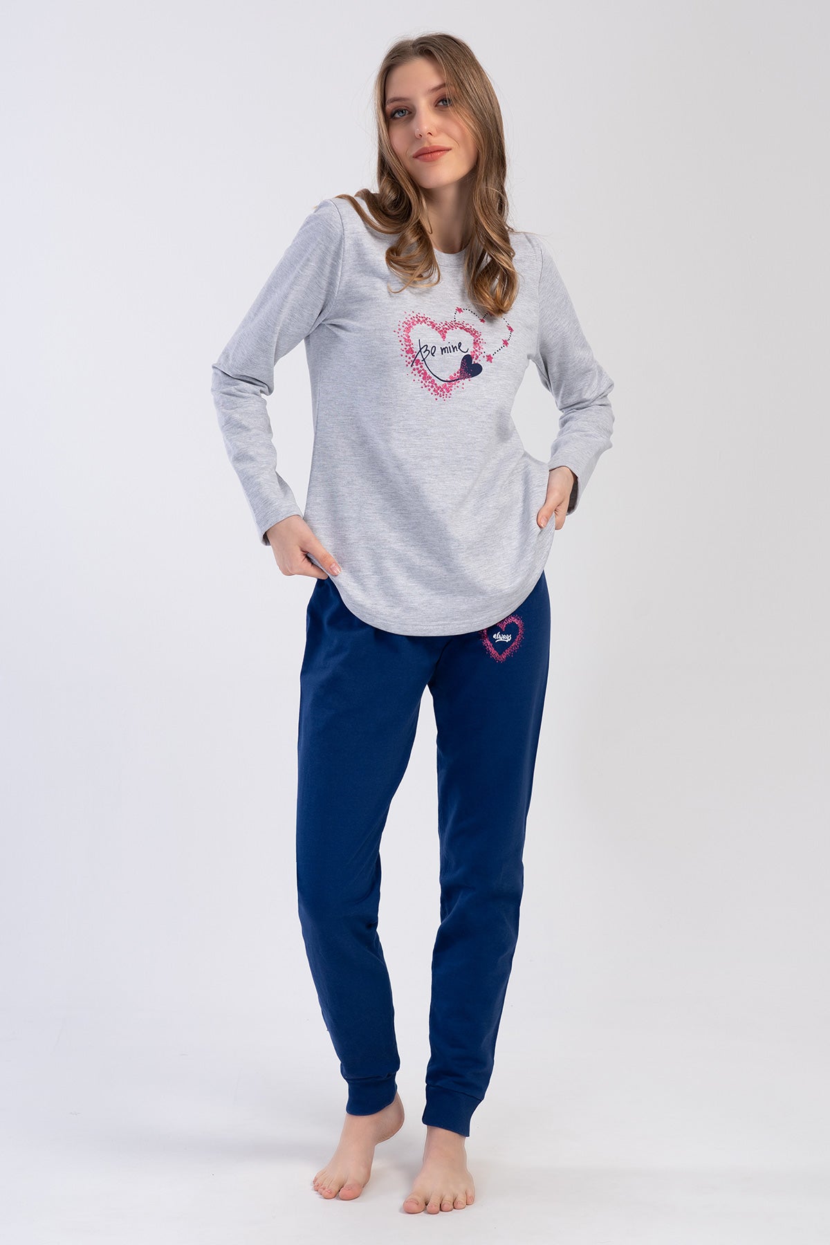 KADIN 2IPLIK O YAKA UZUN KOL ETEGI OVAL MANSETLI PIJAMA TAKIM