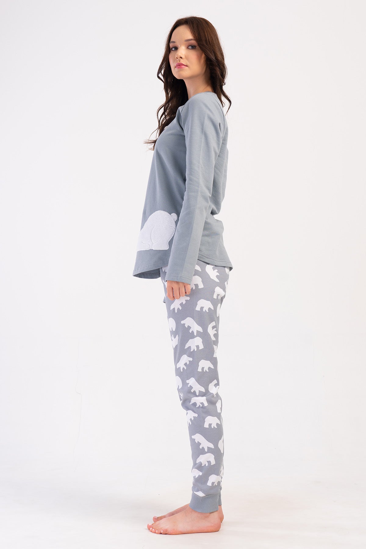 KADIN 2IPLIK O YAKA UZUN KOL ETEGI OVAL MANSETLI PIJAMA TAKIM