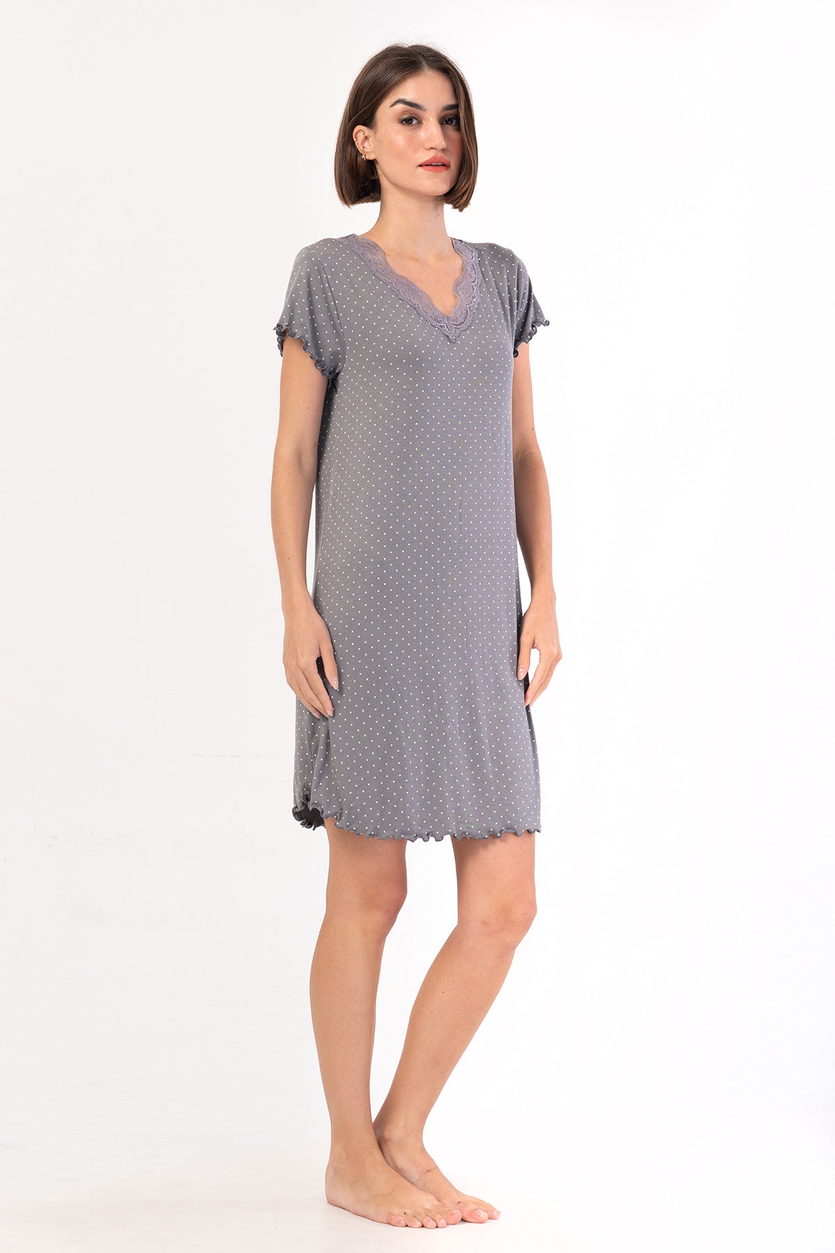 KADIN VISCON XXL V YAKA DANTELLI BIBILALI KISA KOL ETEGI OVAL TUNIK