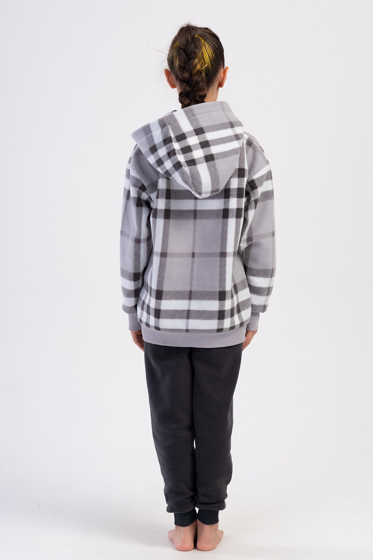 KIZ COCUK POLAR KAPSONLU DUSUK OMUZLU UZUN KOL FERMUARLI KANGURU CEPLI MANSETLI PIJAMA TAKIM(9-10/15-16)