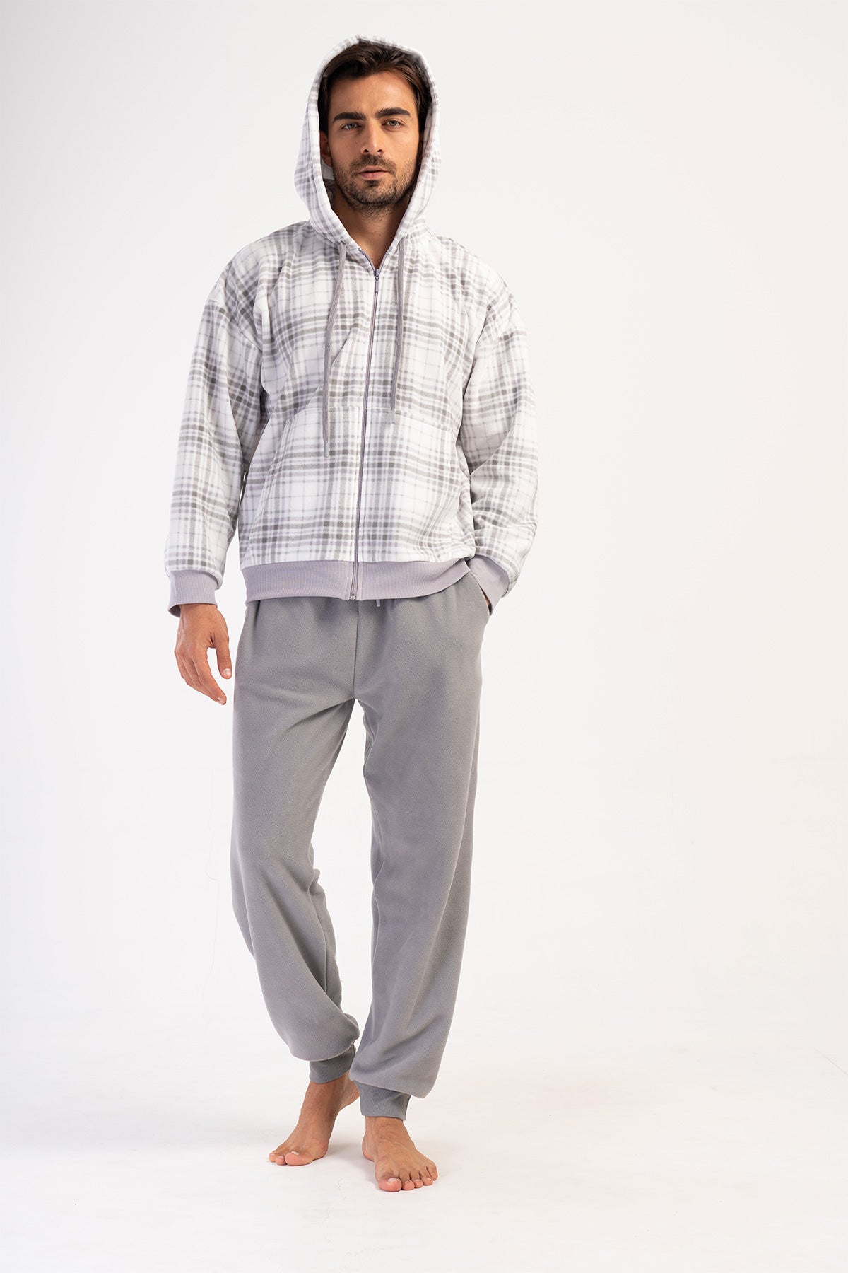 ERKEK POLAR KAPSONLU DUSUK OMUZLU UZUN KOL FERMUARLI KANGURU CEPLI MANSETLI PIJAMA TAKIM