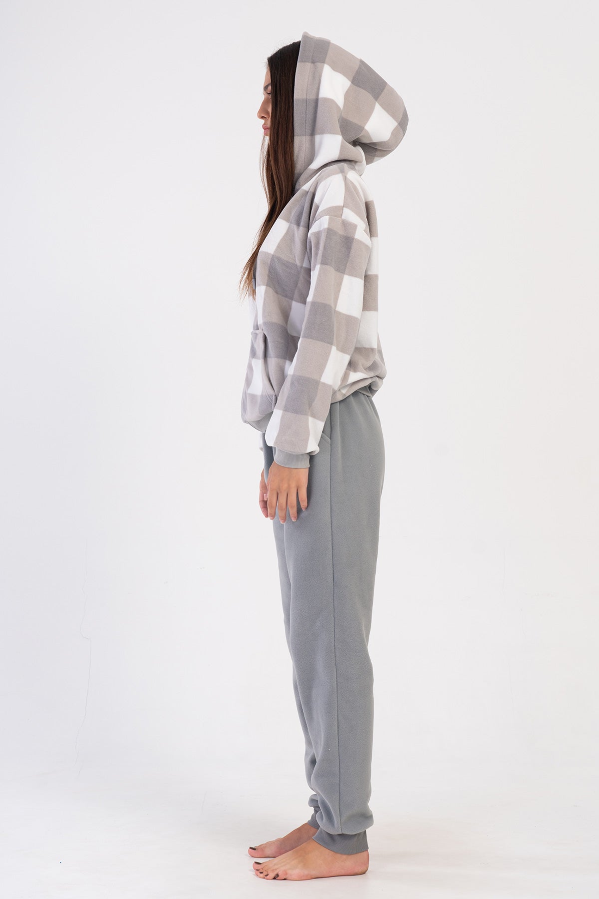 KADIN POLAR KAPSONLU DUSUK OMUZLU UZUN KOL FERMUARLI KANGURU CEPLI MANSETLI PIJAMA TAKIM