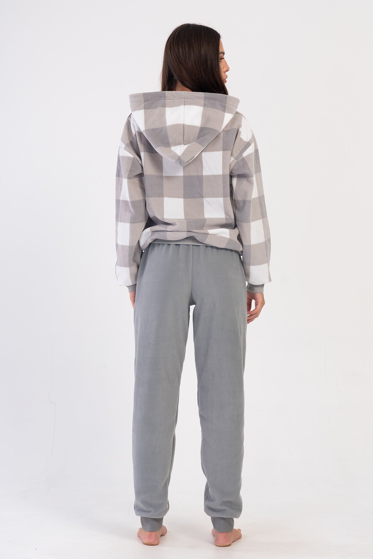 KADIN POLAR KAPSONLU DUSUK OMUZLU UZUN KOL FERMUARLI KANGURU CEPLI MANSETLI PIJAMA TAKIM