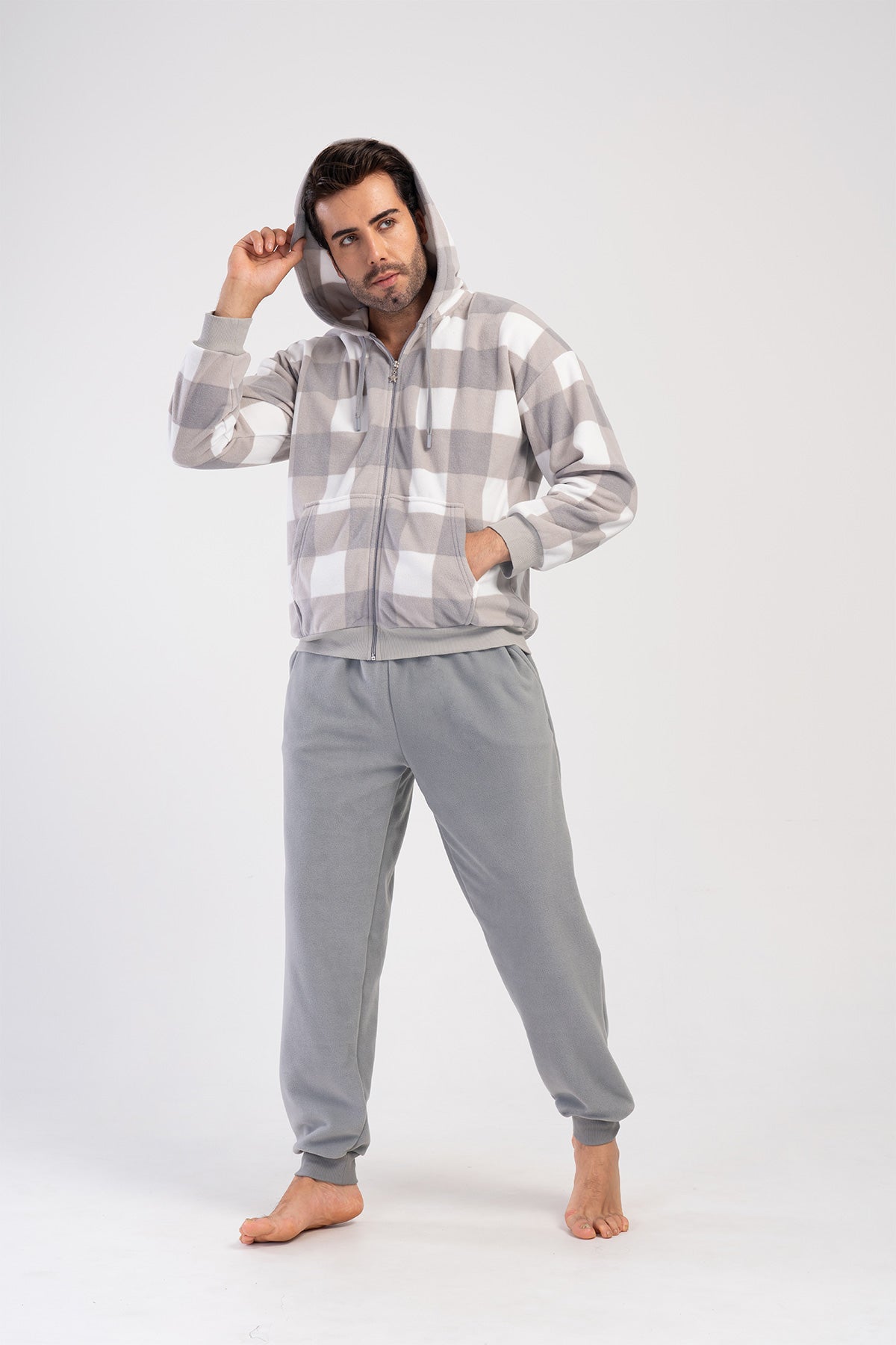 ERKEK POLAR KAPSONLU DUSUK OMUZLU UZUN KOL FERMUARLI KANGURU CEPLI MANSETLI PIJAMA TAKIM