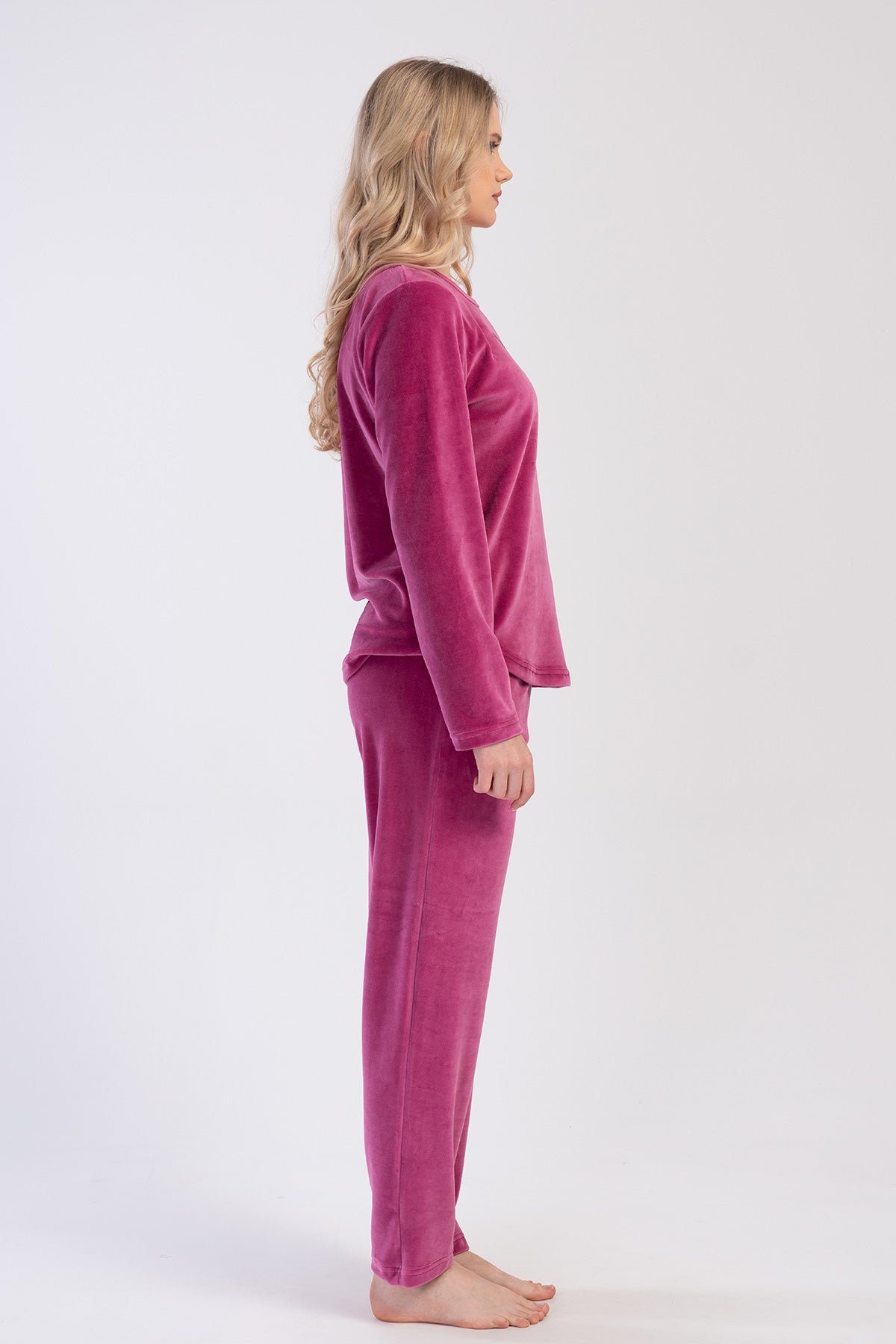 KADIN KADIFE XXL O YAKA UZUN KOL ETEGI OVAL CEPLI PIJAMA TAKIM