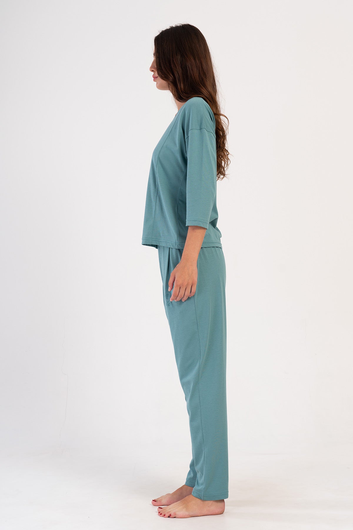 KADIN P.SUPREM O YAKA DUSUK OMUZLU 3/4KOL PILELI CEPLI PIJAMA TAKIM