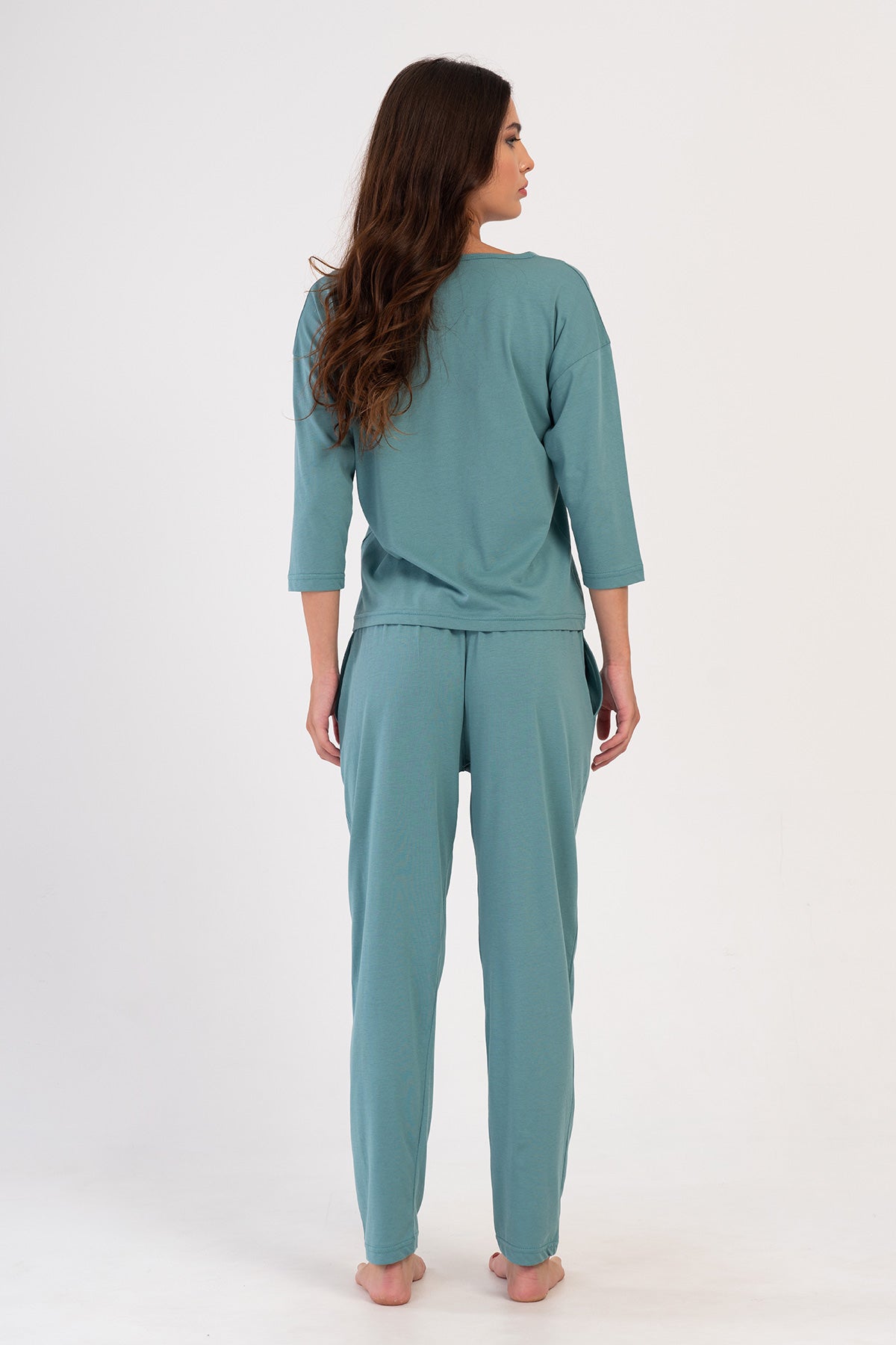 KADIN P.SUPREM O YAKA DUSUK OMUZLU 3/4KOL PILELI CEPLI PIJAMA TAKIM