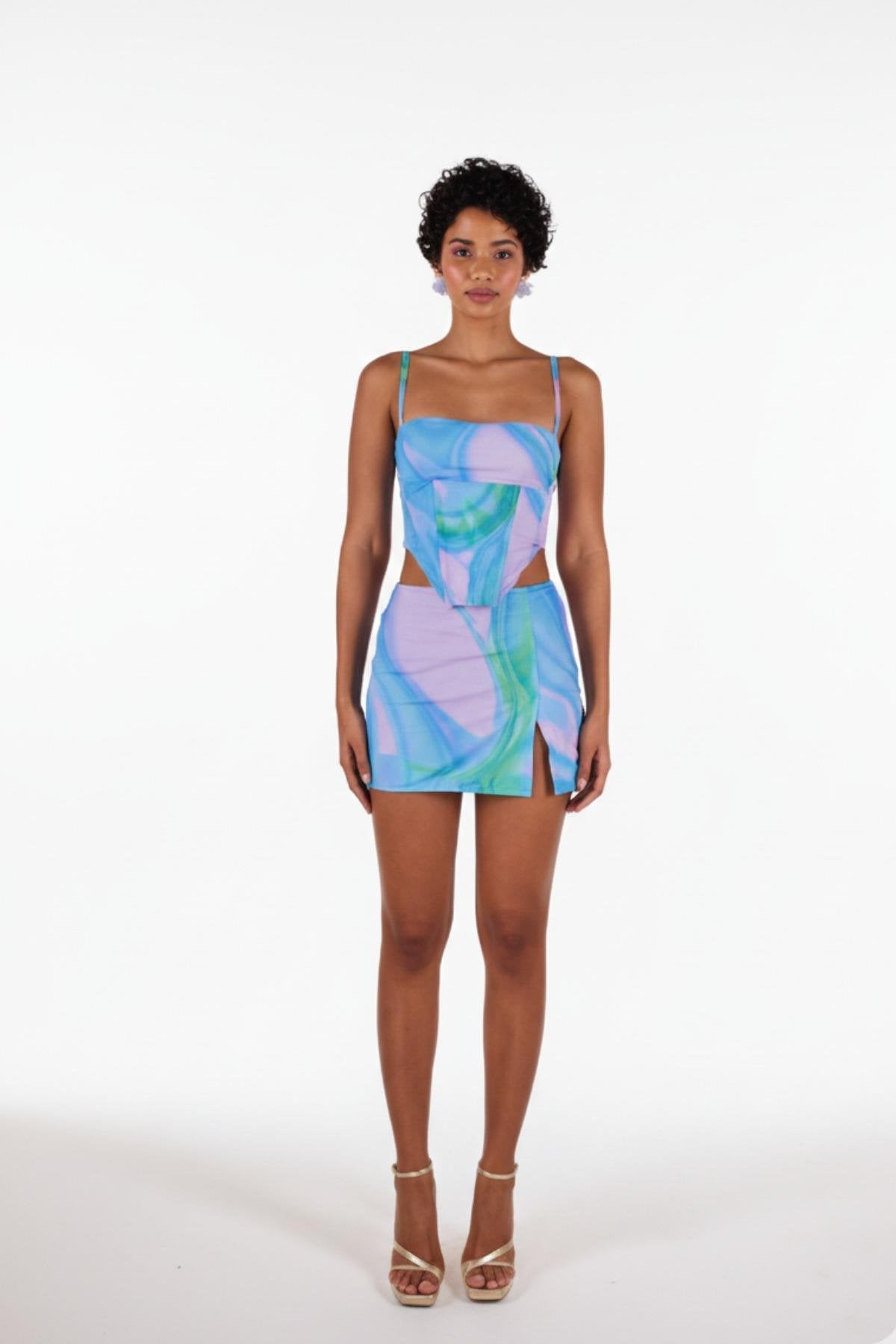 Yırtmaçlı Mini Tül Sierra Etek Mavi